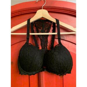 Victorias Secret PINK Bra 34DD Black Lace Pushup Racerback Padded Frnt Close EUC